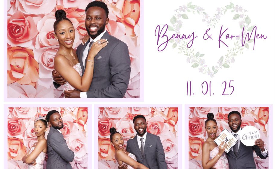 Wedding booth collage of couple posing against pink floral backdrop
